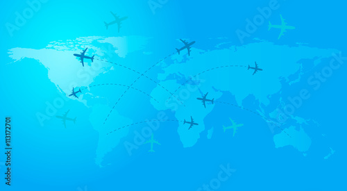 World travel map with airplanes. Vector illustration, flat design.