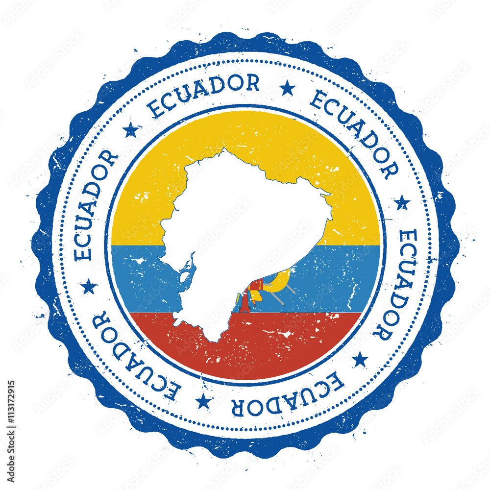 Ecuador map and flag in vintage rubber stamp of state colours. Grungy travel stamp with map and flag of Ecuador. Country map and flag vector illustration.