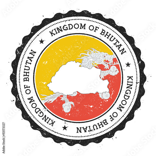 Bhutan map and flag in vintage rubber stamp of state colours. Grungy travel stamp with map and flag of Bhutan. Country map and flag vector illustration.