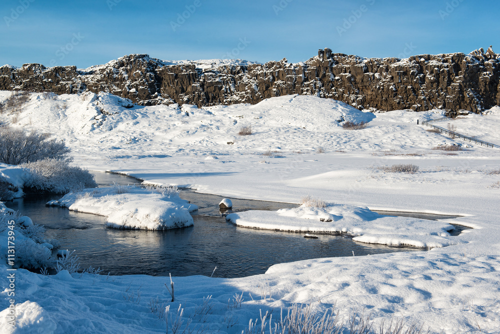 Beautiful winter landscape with volcanic mountains at Thingvellir National Park, Iceland