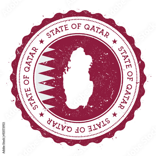 Qatar map and flag in vintage rubber stamp of state colours. Grungy travel stamp with map and flag of Qatar. Country map and flag vector illustration.