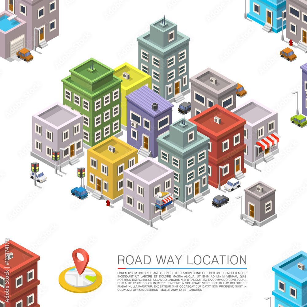 Road in the cityscape Isometric, City location apartment, Vector background Road in the cityscape Isometric, City location apartment, Vector background