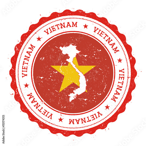 Vietnam map and flag in vintage rubber stamp of state colours. Grungy travel stamp with map and flag of Vietnam. Country map and flag vector illustration.