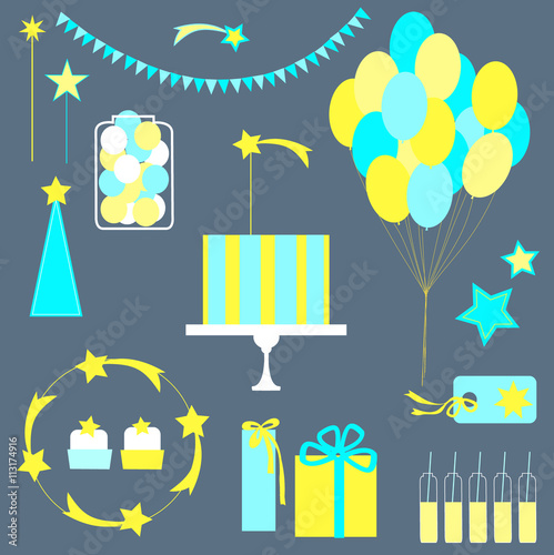 Vector set of decorative elements birthday party. Stars, gifts, cake, cupcakes, sweets, balloons.
