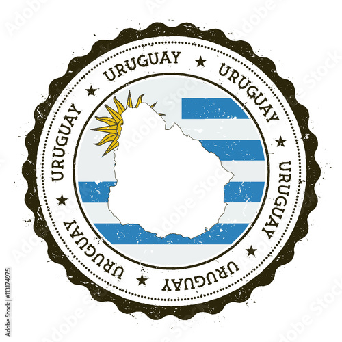 Uruguay map and flag in vintage rubber stamp of state colours. Grungy travel stamp with map and flag of Uruguay. Country map and flag vector illustration.