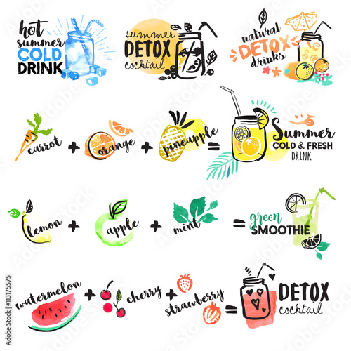 Set of hand drawn watercolor signs of summer drinks, fruit juices and smoothies, cocktails. Vector illustrations for graphic and web design, for restaurant and bar, menu.