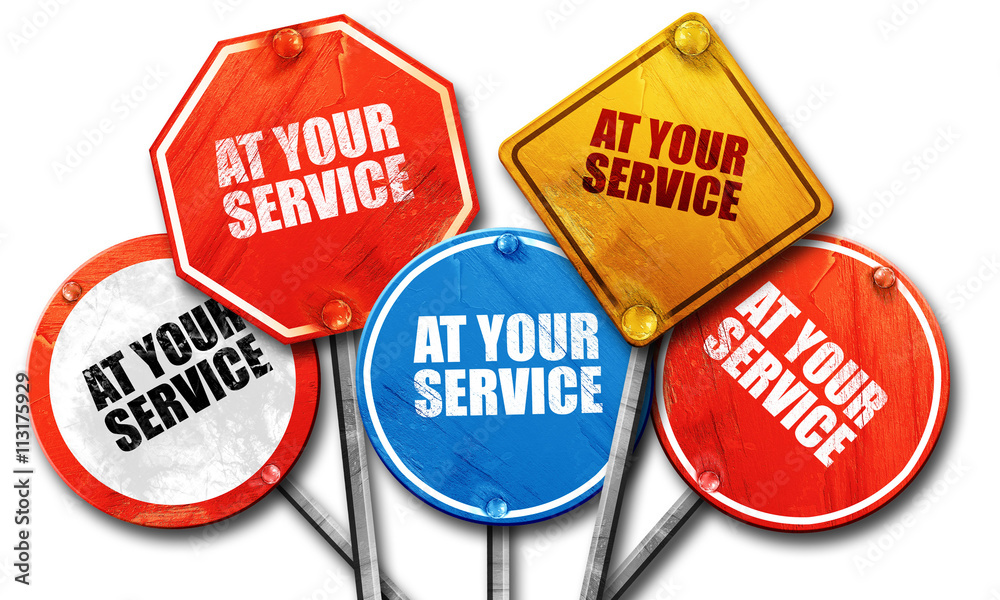 at your service, 3D rendering, street signs at your service, 3D rendering, street signs