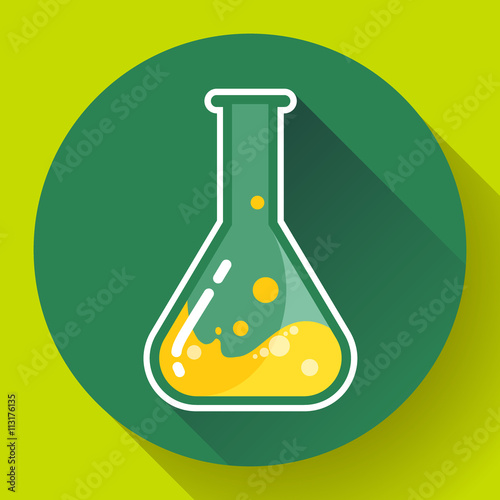 Chemical lab flask with liquid icon. Flat design style.
