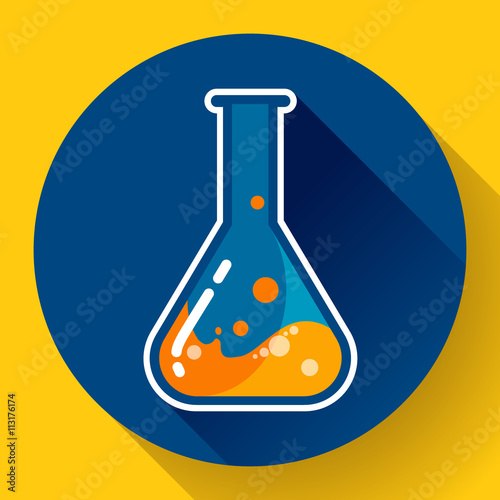 Chemical lab flask with liquid icon. Flat design style.
