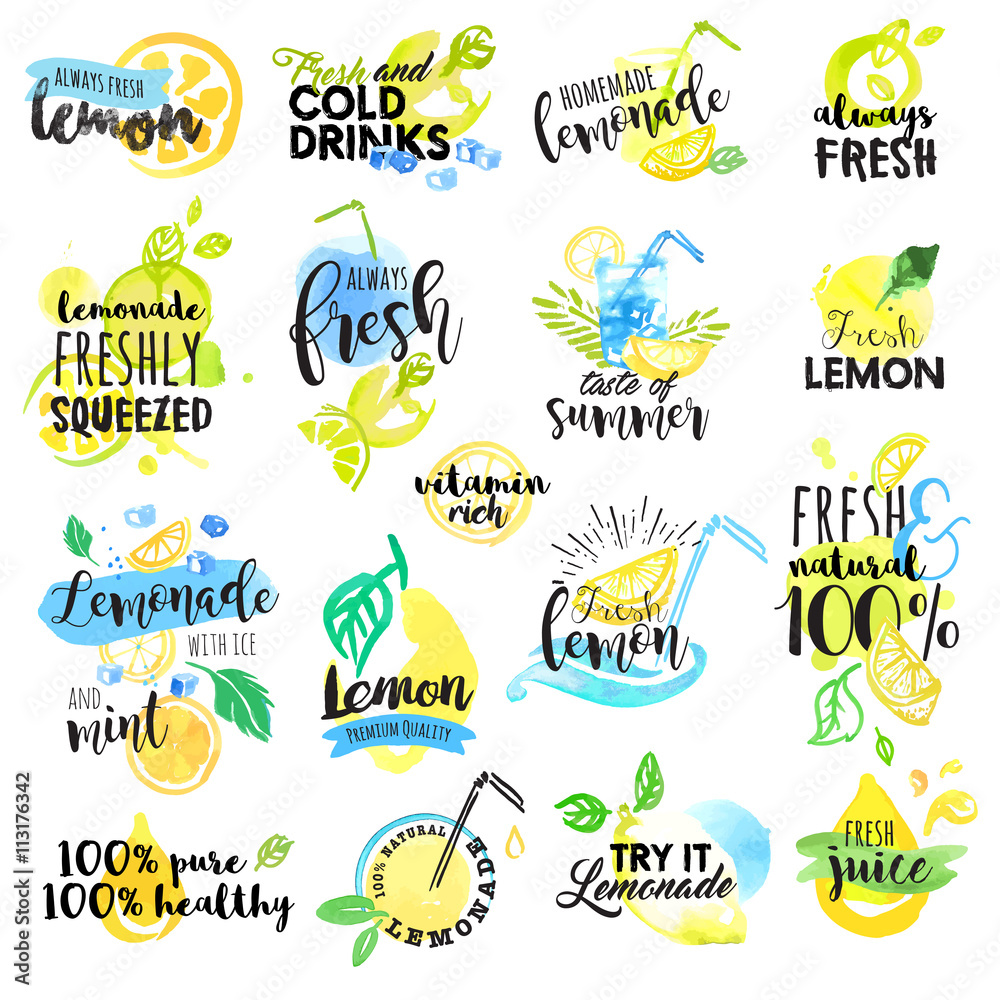 Set of hand drawn watercolor labels and signs of lemon and lemonade. Vector illustrations for graphic and web design, for restaurant and bar, menu.