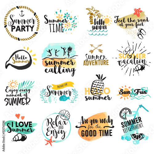 Set of hand drawn watercolor summer signs and banners. Vector illustrations for summer holiday, travel agency, restaurant and bar, menu, sea and sun, beach vacation and party.