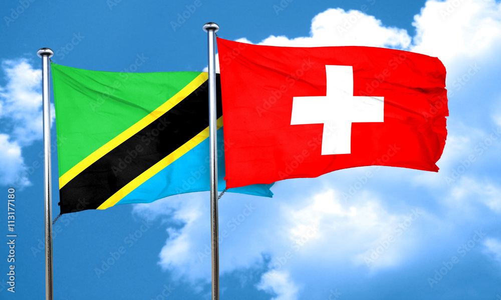 Tanzanian flag with Switzerland flag, 3D rendering