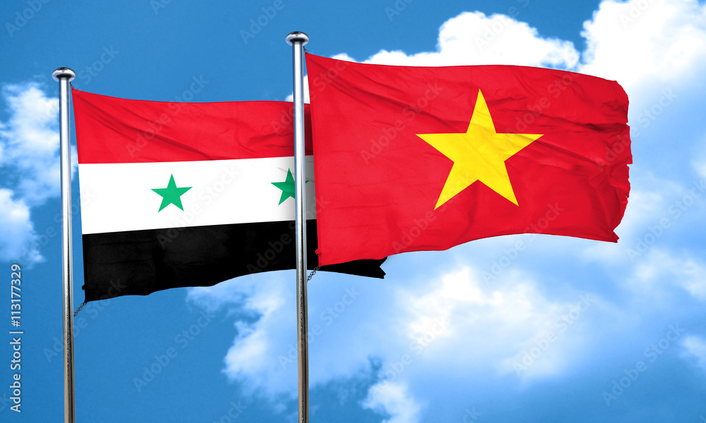 Syria flag with Vietnam flag, 3D rendering Syria flag with Vietnam flag, 3D rendering