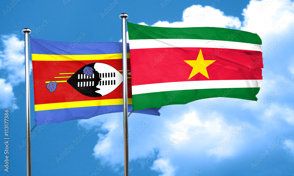 Swaziland flag with Suriname flag, 3D rendering Swaziland flag with Suriname flag, 3D rendering