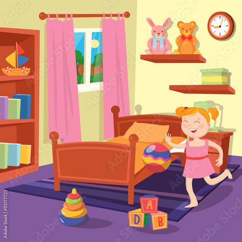 Happy Girl Playing Ball in Children Bedroom. Bedroom Interior with Toys. Vector illustration
