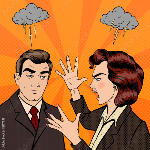 Dispute Between Man and Woman. Family Conflict. Bad Relationships. Pop Art. Vector illustration