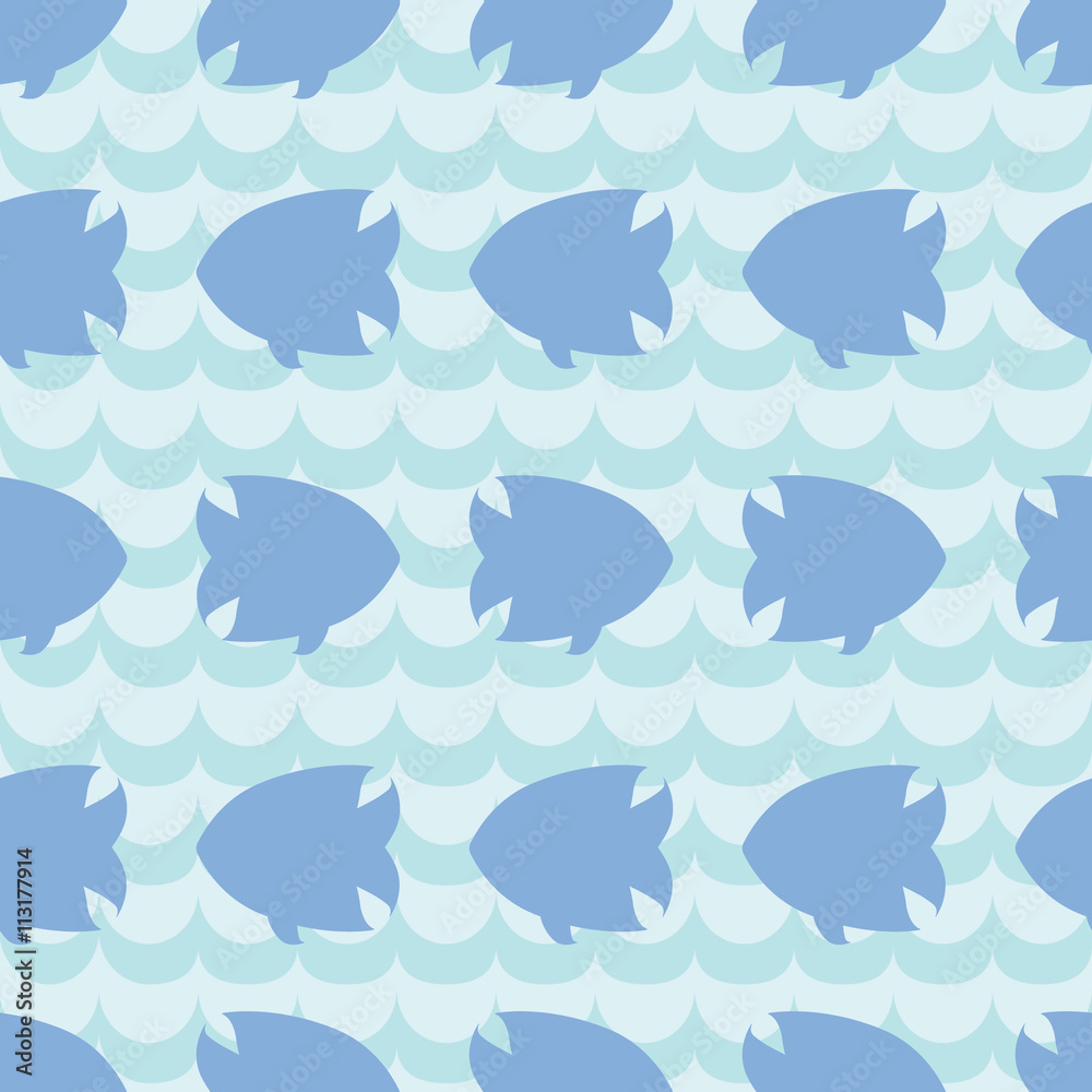Seamless pattern with fish silhouettes on blue wave background.