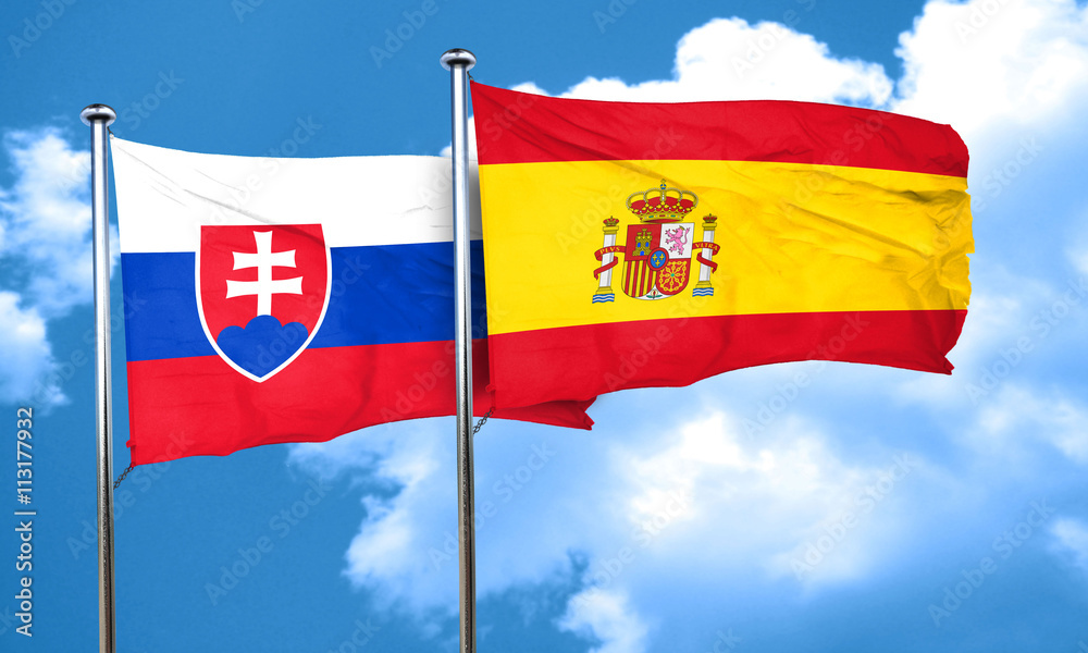 Slovakia flag with Spain flag, 3D rendering