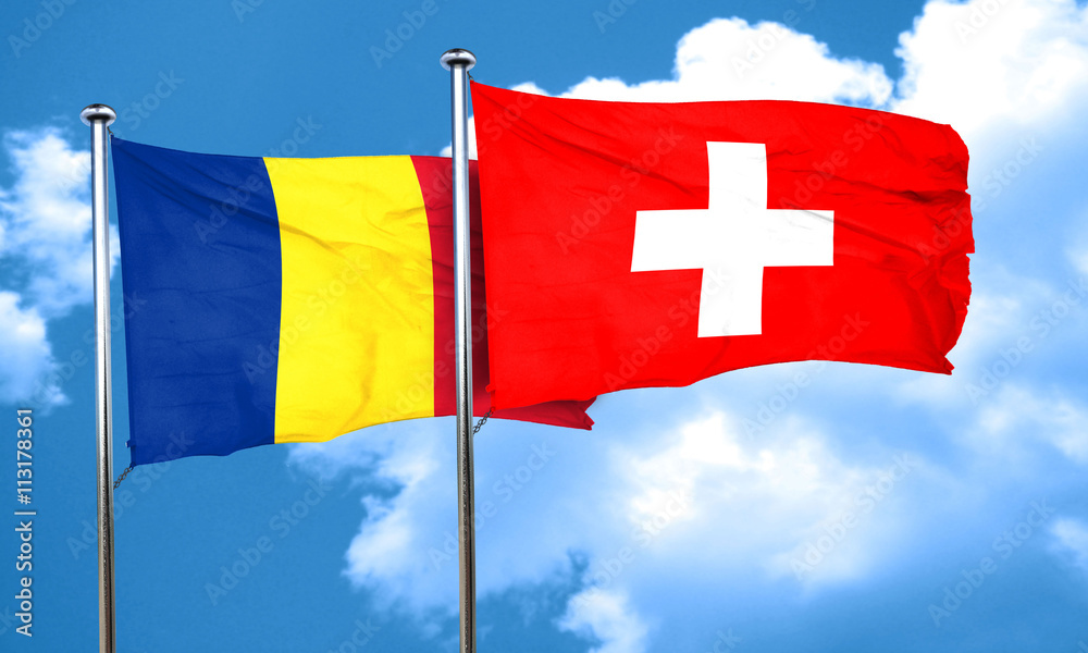Romania flag with Switzerland flag, 3D rendering