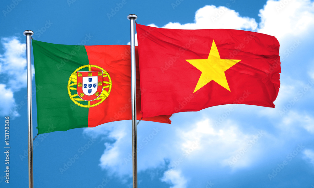 Portugal flag with Vietnam flag, 3D rendering Portugal flag with Vietnam flag, 3D rendering