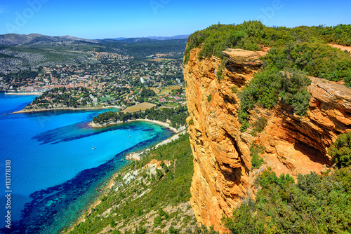 Cassis town and Cap Canaille rock, Provence, France