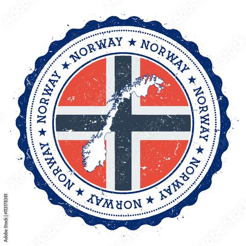 Norway map and flag in vintage rubber stamp of state colours. Grungy travel stamp with map and flag of Norway. Country map and flag vector illustration.
