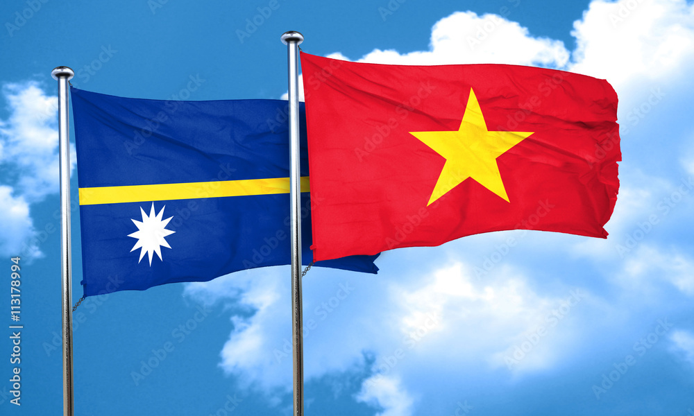 Nauru flag with Vietnam flag, 3D rendering Nauru flag with Vietnam flag, 3D rendering