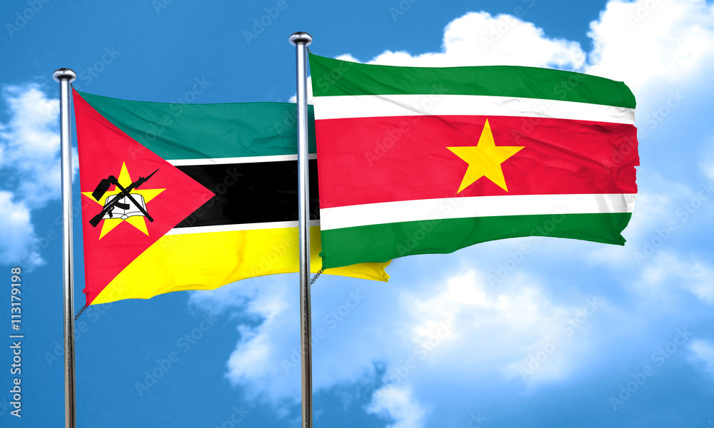 Mozambique flag with Suriname flag, 3D rendering Mozambique flag with Suriname flag, 3D rendering