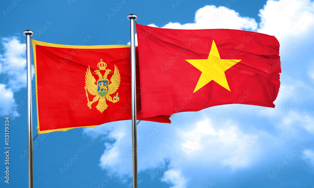 Montenegro flag with Vietnam flag, 3D rendering Montenegro flag with Vietnam flag, 3D rendering