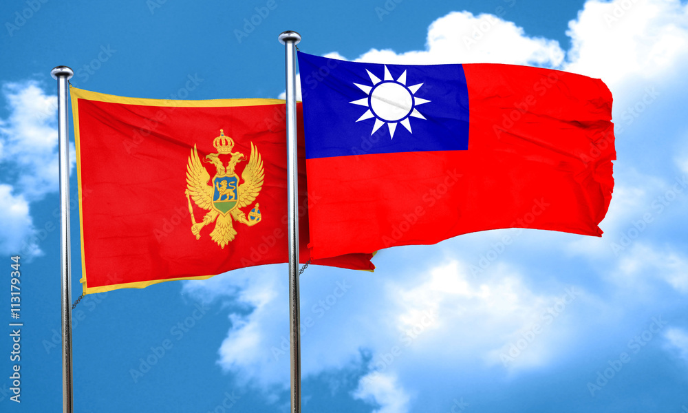 Montenegro flag with Taiwan flag, 3D rendering Montenegro flag with Taiwan flag, 3D rendering