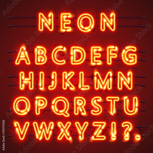 Neon font text. Lamp sign. Alphabet . Vector illustration