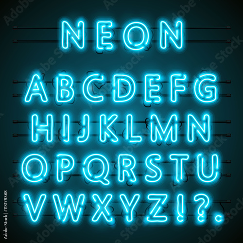 Neon font text. blue english Lamp. Alphabet . Vector illustration