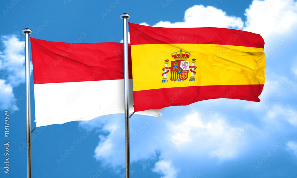 monaco flag with Spain flag, 3D rendering monaco flag with Spain flag, 3D rendering