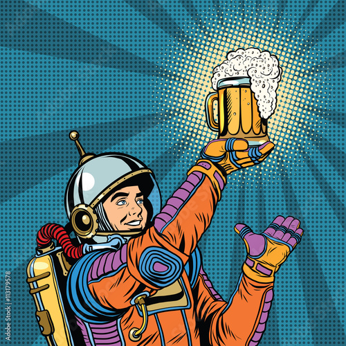 retro astronaut and a mug of beer