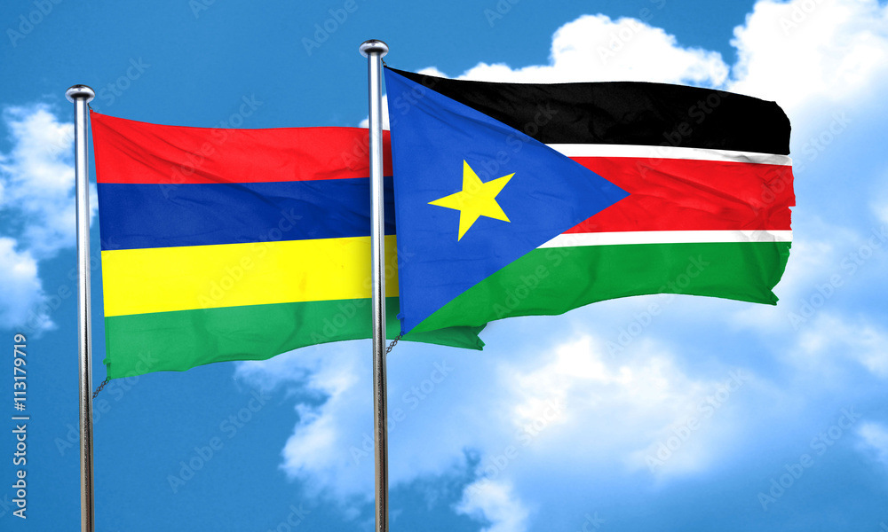 Mauritius flag with South Sudan flag, 3D rendering Mauritius flag with South Sudan flag, 3D rendering