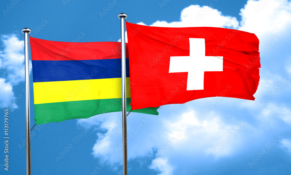 Mauritius flag with Switzerland flag, 3D rendering