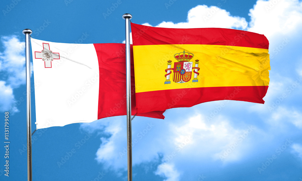 Fototapeta premium Malta flag with Spain flag, 3D rendering