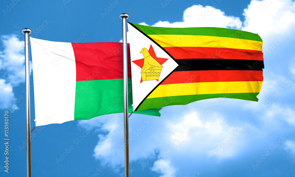 Madagascar flag with Zimbabwe flag, 3D rendering Madagascar flag with Zimbabwe flag, 3D rendering