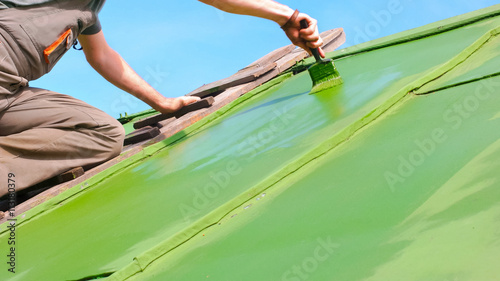 Man Brushing Green Paint onto the Roof
