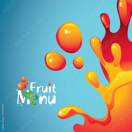 vector banner with the inscription fruit menu and drops and splashes fresh juices