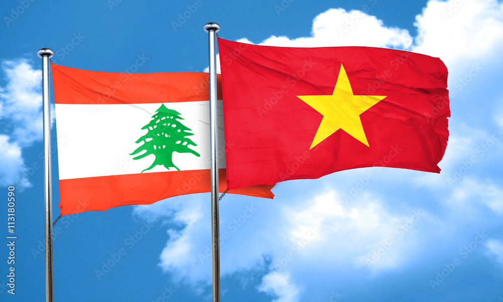 Lebanon flag with Vietnam flag, 3D rendering Lebanon flag with Vietnam flag, 3D rendering