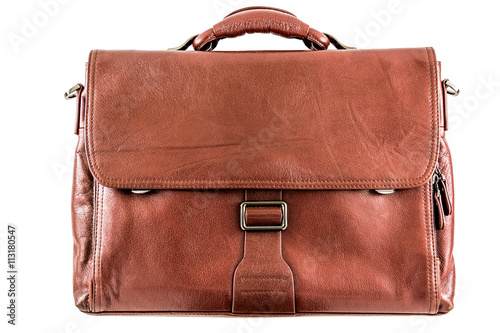Leather brown briefcase. Isolated on white.