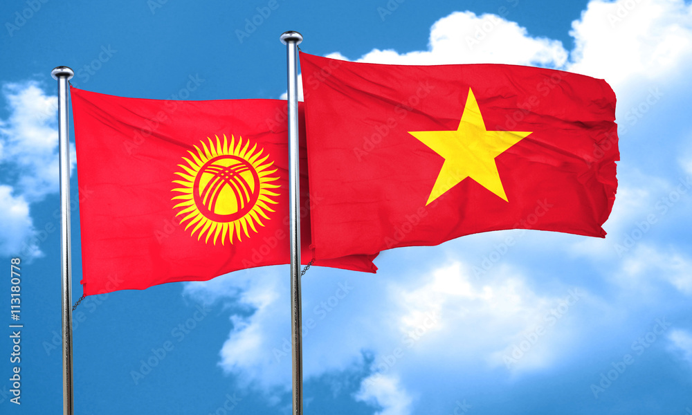 Kyrgyzstan flag with Vietnam flag, 3D rendering Kyrgyzstan flag with Vietnam flag, 3D rendering
