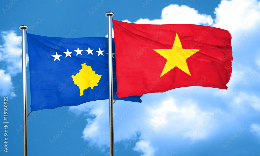 Kosovo flag with Vietnam flag, 3D rendering