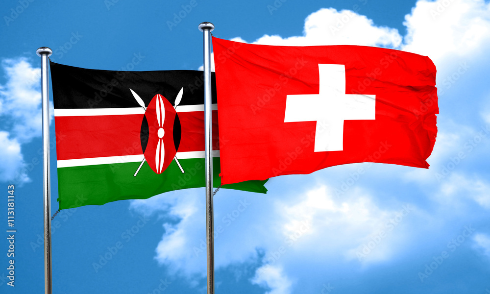 Kenya flag with Switzerland flag, 3D rendering