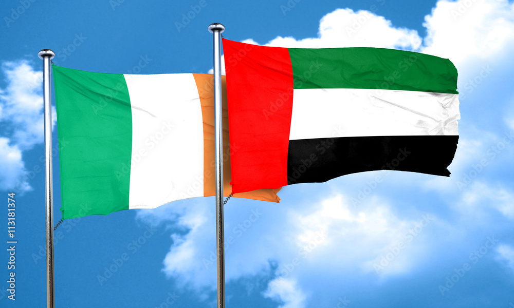 Ireland flag with UAE flag, 3D rendering Ireland flag with UAE flag, 3D rendering