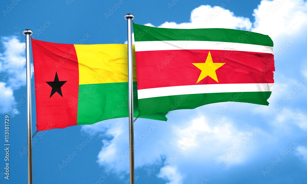 Guinea bissau flag with Suriname flag, 3D rendering Guinea bissau flag with Suriname flag, 3D rendering