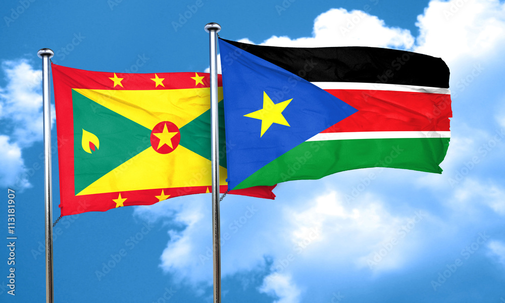 Grenada flag with South Sudan flag, 3D rendering Grenada flag with South Sudan flag, 3D rendering