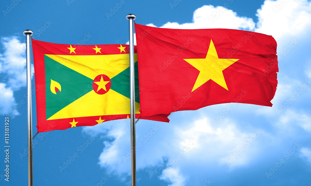 Grenada flag with Vietnam flag, 3D rendering Grenada flag with Vietnam flag, 3D rendering