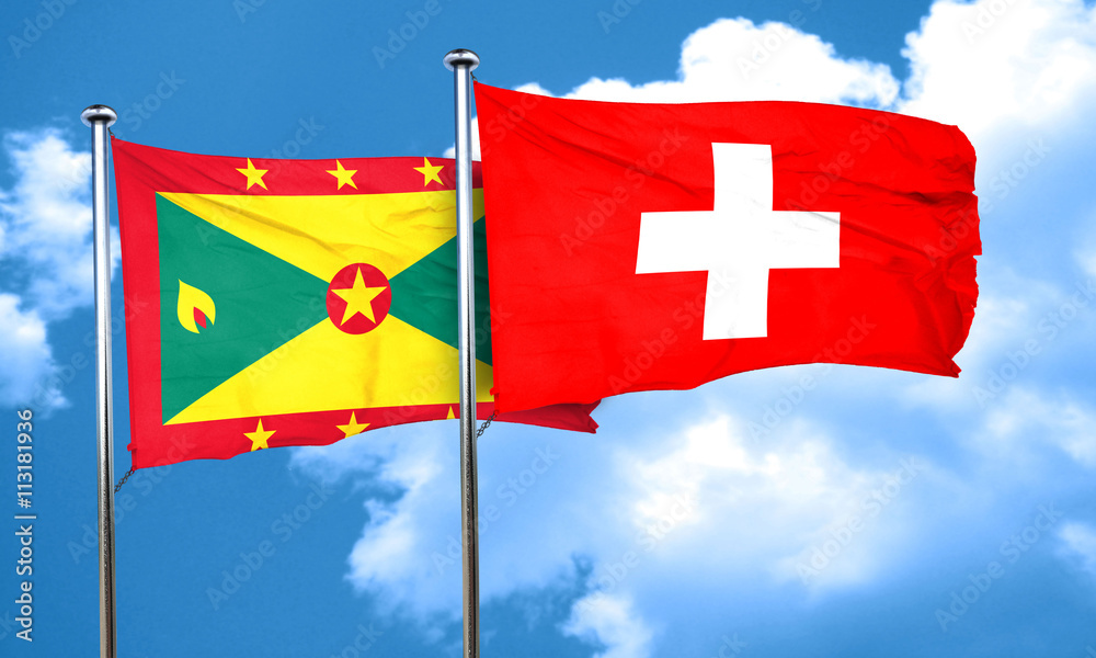 Grenada flag with Switzerland flag, 3D rendering